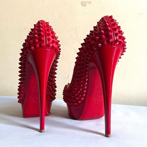 Christian Louboutin Vibrant Red Studded Heels - Picture 3 of 7